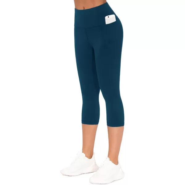THE GYM PEOPLE Tummy Control Workout Capris Leggings with Pockets High Waist Athletic Yoga Pants for Women Running HikingDark Blue Green