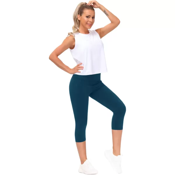 THE GYM PEOPLE Tummy Control Workout Capris Leggings with Pockets High Waist Athletic Yoga Pants for Women Running HikingDark Blue Green