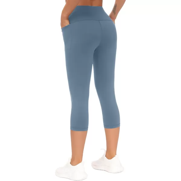 THE GYM PEOPLE Tummy Control Workout Capris Leggings with Pockets High Waist Athletic Yoga Pants for Women Running HikingGrey Blue