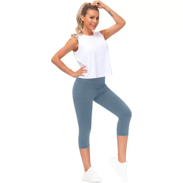 THE GYM PEOPLE Tummy Control Workout Capris Leggings with Pockets High Waist Athletic Yoga Pants for Women Running HikingGrey Blue