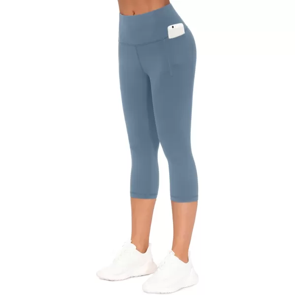 THE GYM PEOPLE Tummy Control Workout Capris Leggings with Pockets High Waist Athletic Yoga Pants for Women Running HikingGrey Blue