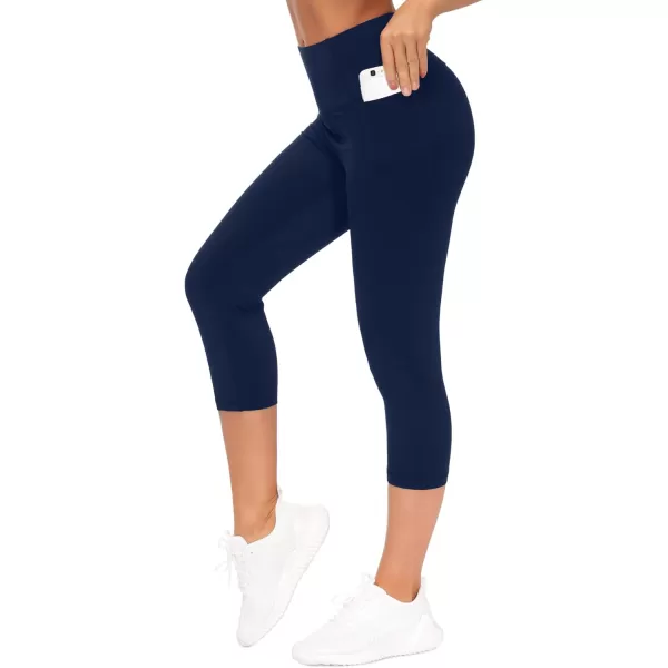 THE GYM PEOPLE Tummy Control Workout Capris Leggings with Pockets High Waist Athletic Yoga Pants for Women Running HikingNavy Blue