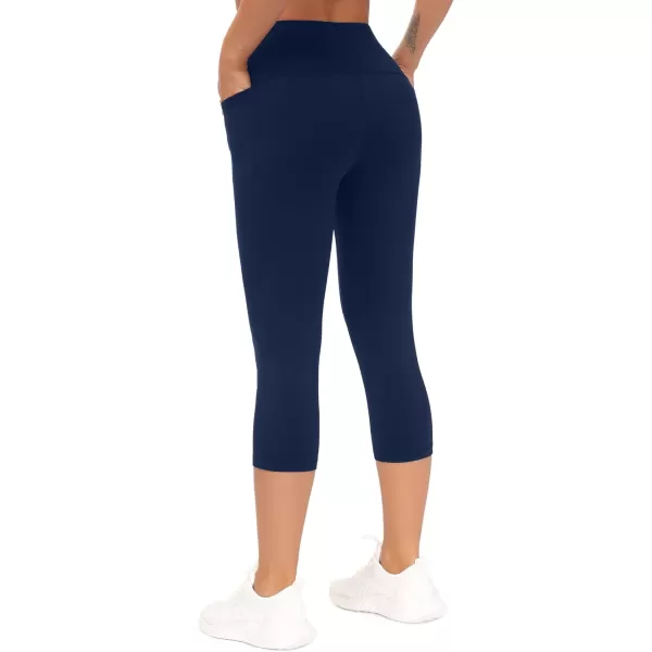 THE GYM PEOPLE Tummy Control Workout Capris Leggings with Pockets High Waist Athletic Yoga Pants for Women Running HikingNavy Blue