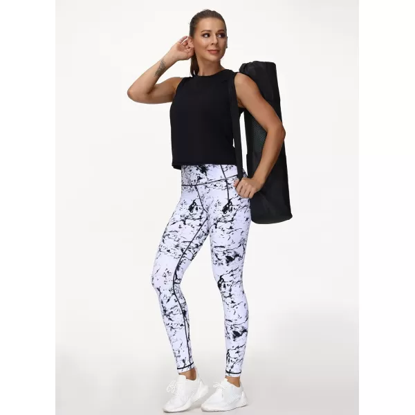 THE GYM PEOPLE Tummy Control Workout Leggings with Pockets High Waist Athletic Yoga Pants for Women Running FitnessBlackMarble White