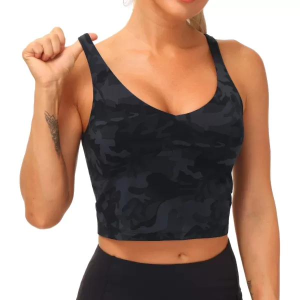 THE GYM PEOPLE Womens Camo Longline Sports Bra Wirefree Padded Medium Support Yoga Bras Gym Running Workout Tank TopsBlack Grey
