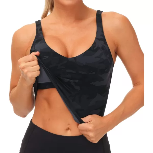 THE GYM PEOPLE Womens Camo Longline Sports Bra Wirefree Padded Medium Support Yoga Bras Gym Running Workout Tank TopsBlack Grey