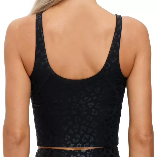 THE GYM PEOPLE Womens Camo Longline Sports Bra Wirefree Padded Medium Support Yoga Bras Gym Running Workout Tank TopsBlack Leopard
