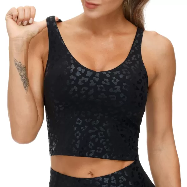 THE GYM PEOPLE Womens Camo Longline Sports Bra Wirefree Padded Medium Support Yoga Bras Gym Running Workout Tank TopsBlack Leopard