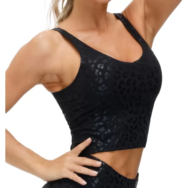 THE GYM PEOPLE Womens Camo Longline Sports Bra Wirefree Padded Medium Support Yoga Bras Gym Running Workout Tank TopsBlack Leopard