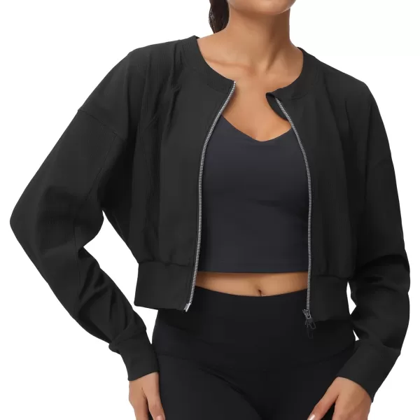 THE GYM PEOPLE Womens Cropped Jackets Full Zip Long Sleeve Ribbed Workout Sweatshirts Lightweight Casual TopsBlack
