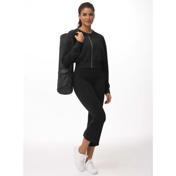 THE GYM PEOPLE Womens Cropped Jackets Full Zip Long Sleeve Ribbed Workout Sweatshirts Lightweight Casual TopsBlack