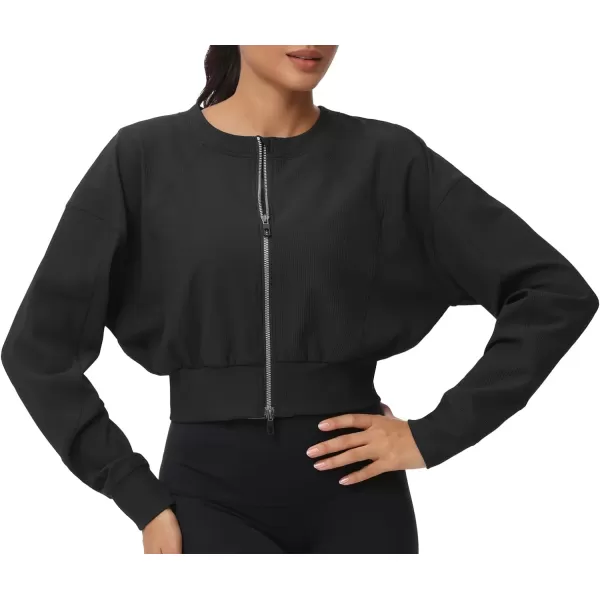 THE GYM PEOPLE Womens Cropped Jackets Full Zip Long Sleeve Ribbed Workout Sweatshirts Lightweight Casual TopsBlack