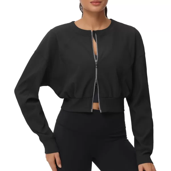 THE GYM PEOPLE Womens Cropped Jackets Full Zip Long Sleeve Ribbed Workout Sweatshirts Lightweight Casual TopsBlack