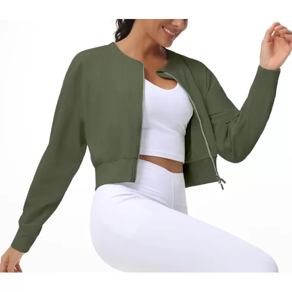 THE GYM PEOPLE Womens Cropped Jackets Full Zip Long Sleeve Ribbed Workout Sweatshirts Lightweight Casual TopsGraphite Green