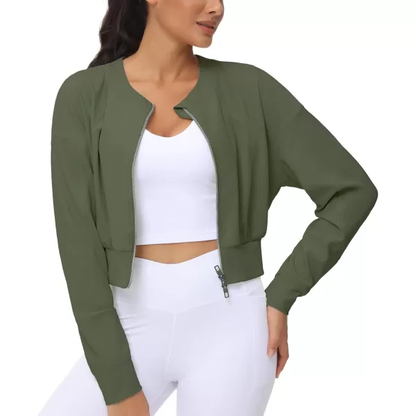 THE GYM PEOPLE Womens Cropped Jackets Full Zip Long Sleeve Ribbed Workout Sweatshirts Lightweight Casual TopsGraphite Green