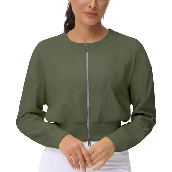 THE GYM PEOPLE Womens Cropped Jackets Full Zip Long Sleeve Ribbed Workout Sweatshirts Lightweight Casual TopsGraphite Green
