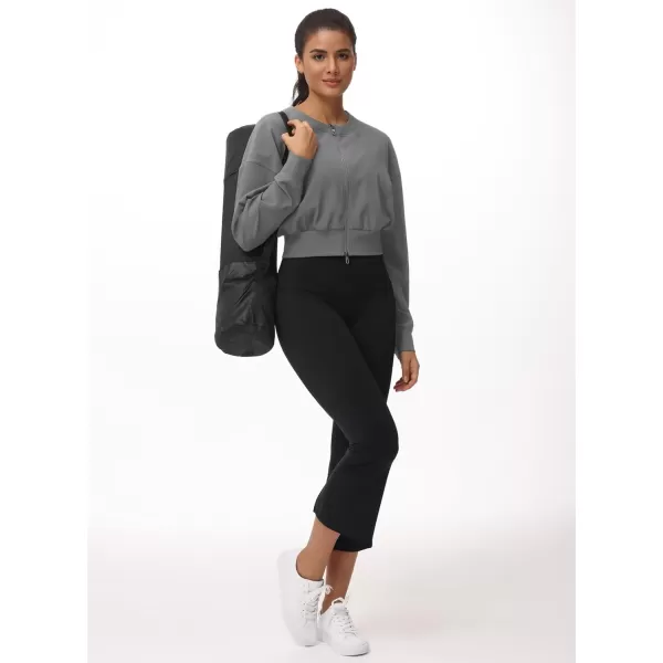 THE GYM PEOPLE Womens Cropped Jackets Full Zip Long Sleeve Ribbed Workout Sweatshirts Lightweight Casual TopsGrey