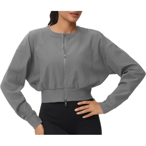 THE GYM PEOPLE Womens Cropped Jackets Full Zip Long Sleeve Ribbed Workout Sweatshirts Lightweight Casual TopsGrey