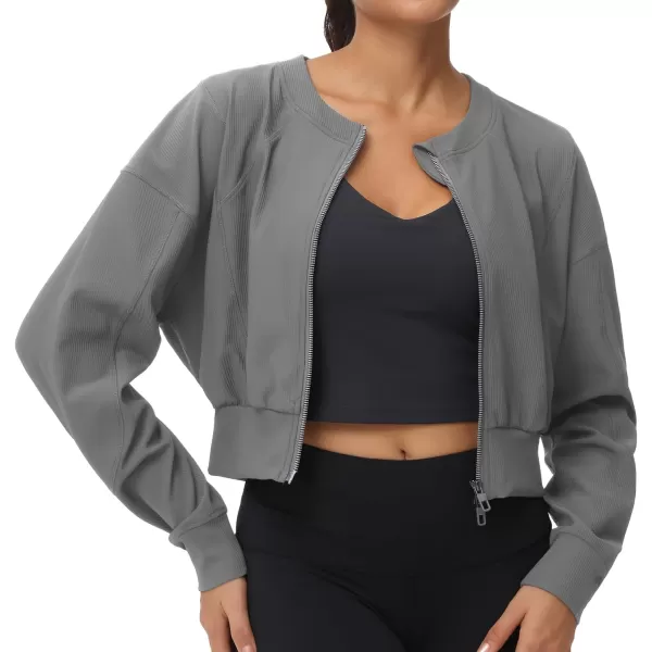 THE GYM PEOPLE Womens Cropped Jackets Full Zip Long Sleeve Ribbed Workout Sweatshirts Lightweight Casual TopsGrey