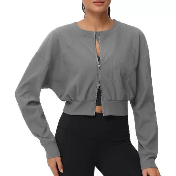 THE GYM PEOPLE Womens Cropped Jackets Full Zip Long Sleeve Ribbed Workout Sweatshirts Lightweight Casual TopsGrey