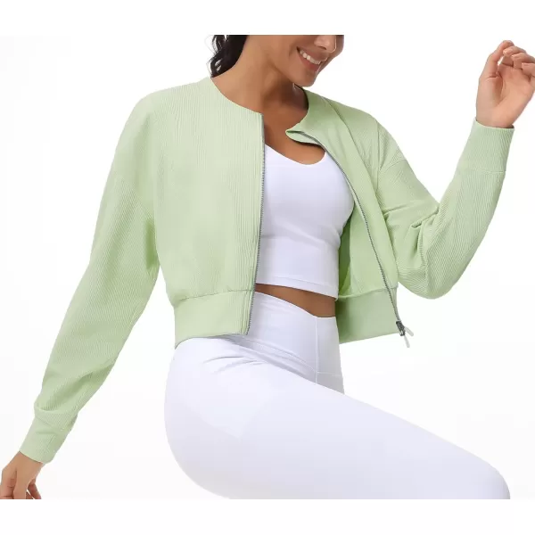 THE GYM PEOPLE Womens Cropped Jackets Full Zip Long Sleeve Ribbed Workout Sweatshirts Lightweight Casual TopsLight Green
