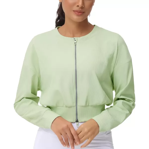 THE GYM PEOPLE Womens Cropped Jackets Full Zip Long Sleeve Ribbed Workout Sweatshirts Lightweight Casual TopsLight Green