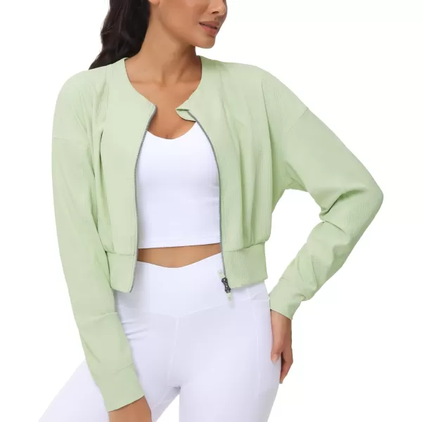 THE GYM PEOPLE Womens Cropped Jackets Full Zip Long Sleeve Ribbed Workout Sweatshirts Lightweight Casual TopsLight Green