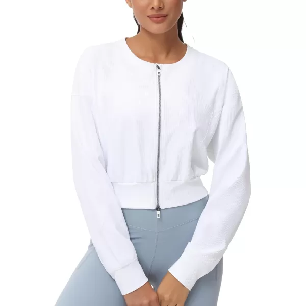THE GYM PEOPLE Womens Cropped Jackets Full Zip Long Sleeve Ribbed Workout Sweatshirts Lightweight Casual TopsWhite