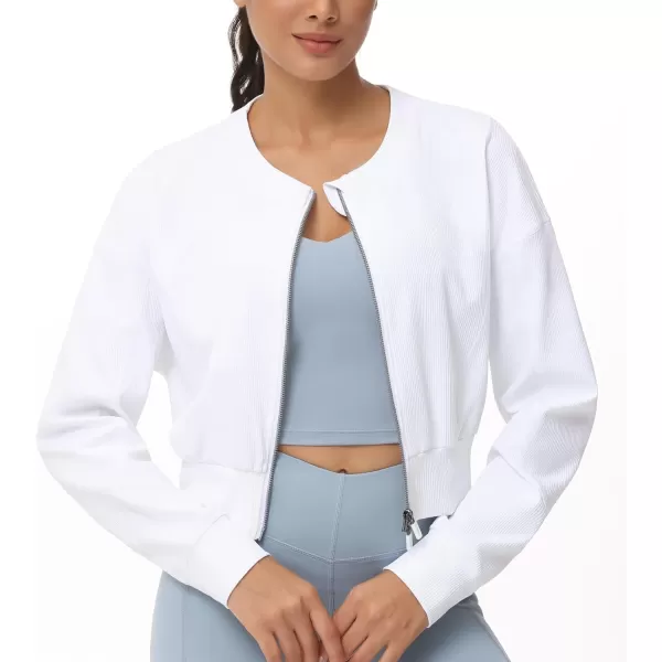 THE GYM PEOPLE Womens Cropped Jackets Full Zip Long Sleeve Ribbed Workout Sweatshirts Lightweight Casual TopsWhite