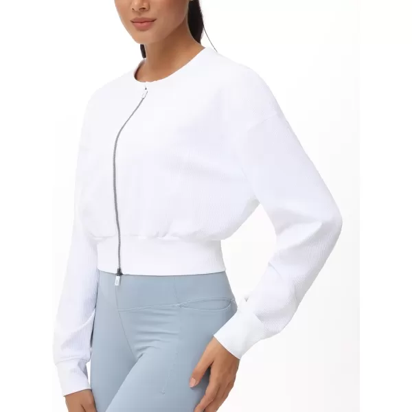 THE GYM PEOPLE Womens Cropped Jackets Full Zip Long Sleeve Ribbed Workout Sweatshirts Lightweight Casual TopsWhite