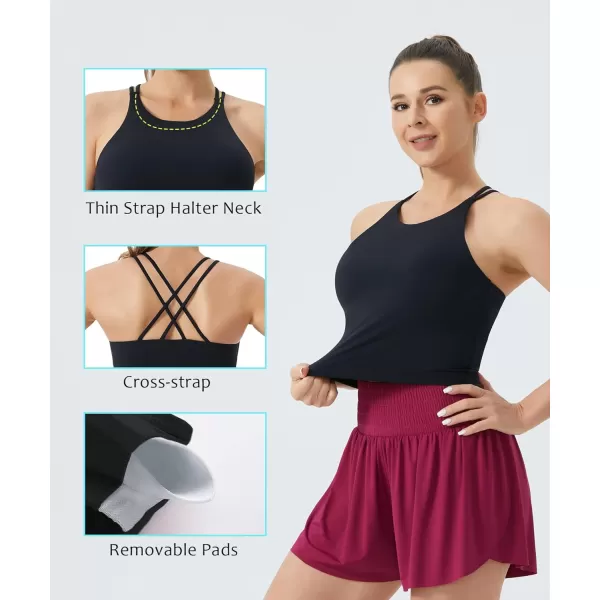 THE GYM PEOPLE Womens Cross Back Sports Bra Halter Neck Workout Crop Tank Tops with Removable PadsBlack