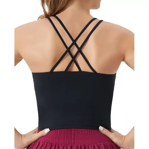 THE GYM PEOPLE Womens Cross Back Sports Bra Halter Neck Workout Crop Tank Tops with Removable PadsBlack