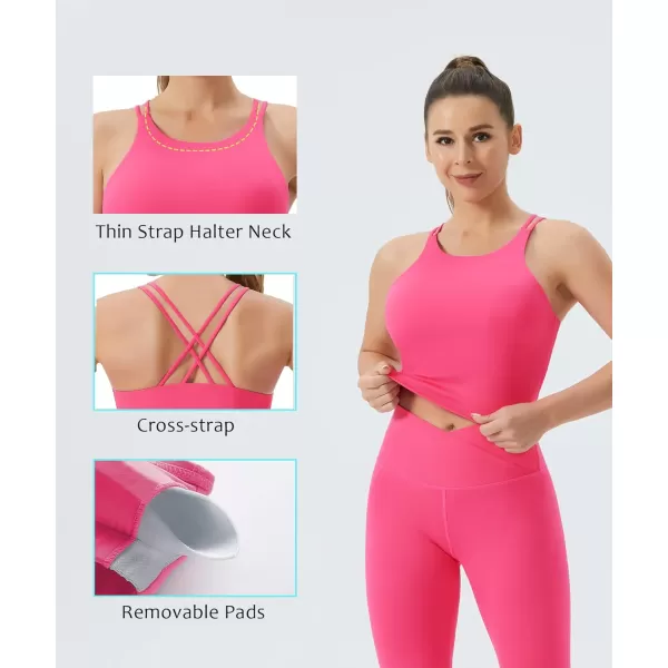 THE GYM PEOPLE Womens Cross Back Sports Bra Halter Neck Workout Crop Tank Tops with Removable PadsBright Pink