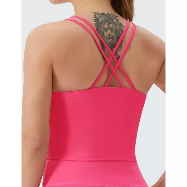 THE GYM PEOPLE Womens Cross Back Sports Bra Halter Neck Workout Crop Tank Tops with Removable PadsBright Pink