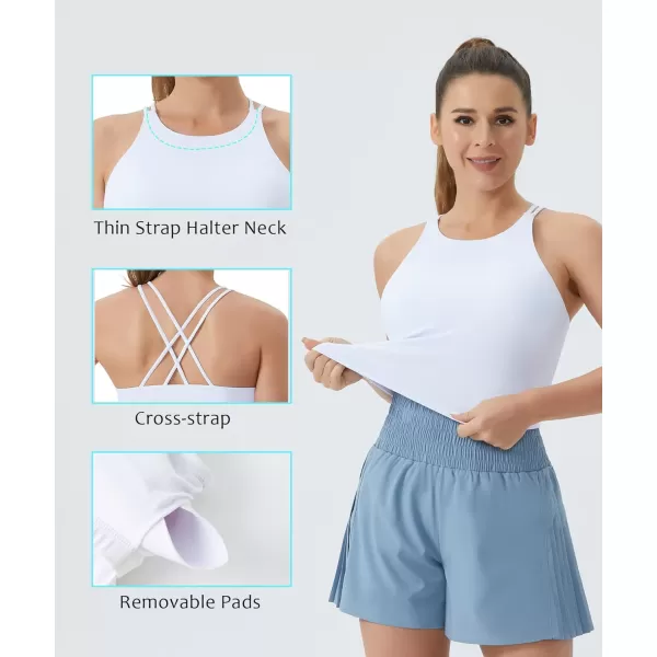 THE GYM PEOPLE Womens Cross Back Sports Bra Halter Neck Workout Crop Tank Tops with Removable PadsWhite