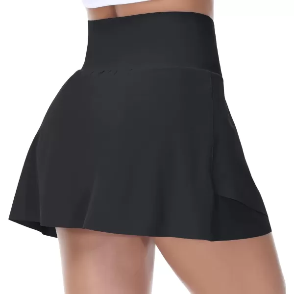 THE GYM PEOPLE Womens Cross Waist Tennis Skirts with Cutting Hem Golf Skorts with Inner Mesh Pockets ShortsBlack