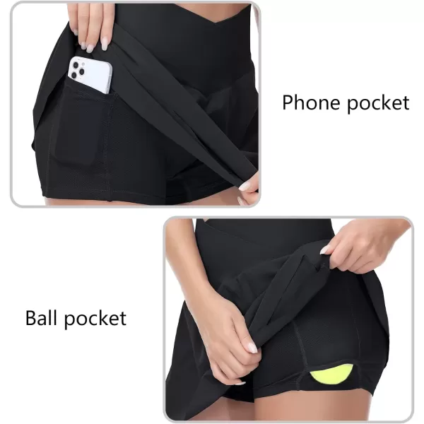 THE GYM PEOPLE Womens Cross Waist Tennis Skirts with Cutting Hem Golf Skorts with Inner Mesh Pockets ShortsBlack