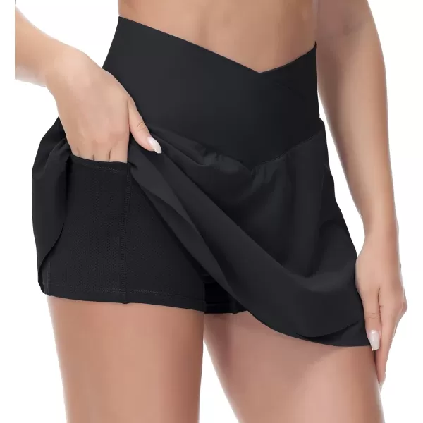 THE GYM PEOPLE Womens Cross Waist Tennis Skirts with Cutting Hem Golf Skorts with Inner Mesh Pockets ShortsBlack