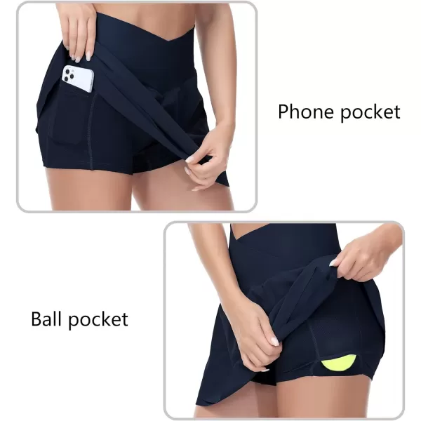 THE GYM PEOPLE Womens Cross Waist Tennis Skirts with Cutting Hem Golf Skorts with Inner Mesh Pockets ShortsNavy Blue