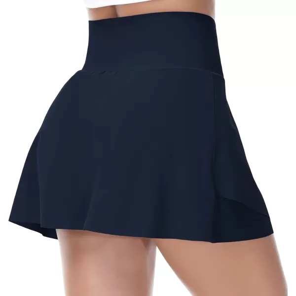 THE GYM PEOPLE Womens Cross Waist Tennis Skirts with Cutting Hem Golf Skorts with Inner Mesh Pockets ShortsNavy Blue