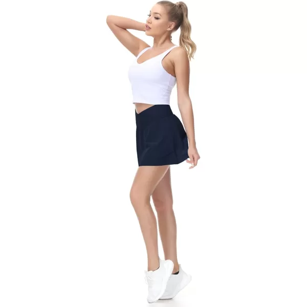 THE GYM PEOPLE Womens Cross Waist Tennis Skirts with Cutting Hem Golf Skorts with Inner Mesh Pockets ShortsNavy Blue