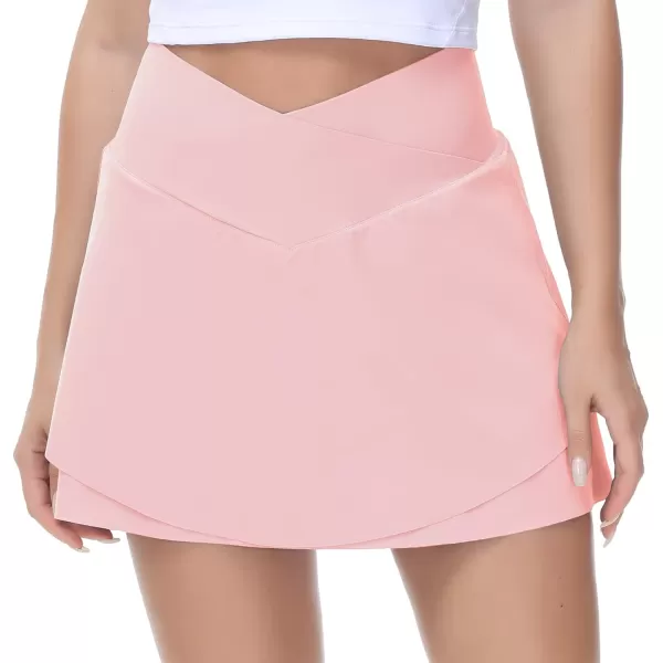 THE GYM PEOPLE Womens Cross Waist Tennis Skirts with Cutting Hem Golf Skorts with Inner Mesh Pockets ShortsPink