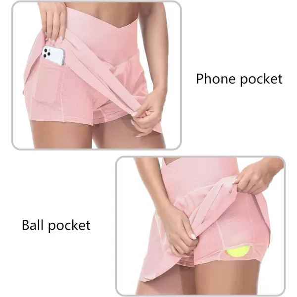 THE GYM PEOPLE Womens Cross Waist Tennis Skirts with Cutting Hem Golf Skorts with Inner Mesh Pockets ShortsPink