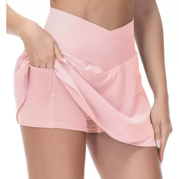 THE GYM PEOPLE Womens Cross Waist Tennis Skirts with Cutting Hem Golf Skorts with Inner Mesh Pockets ShortsPink