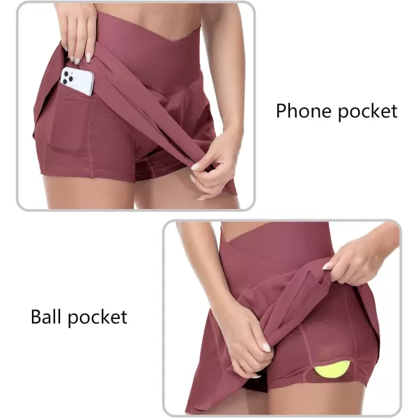 THE GYM PEOPLE Womens Cross Waist Tennis Skirts with Cutting Hem Golf Skorts with Inner Mesh Pockets ShortsRed