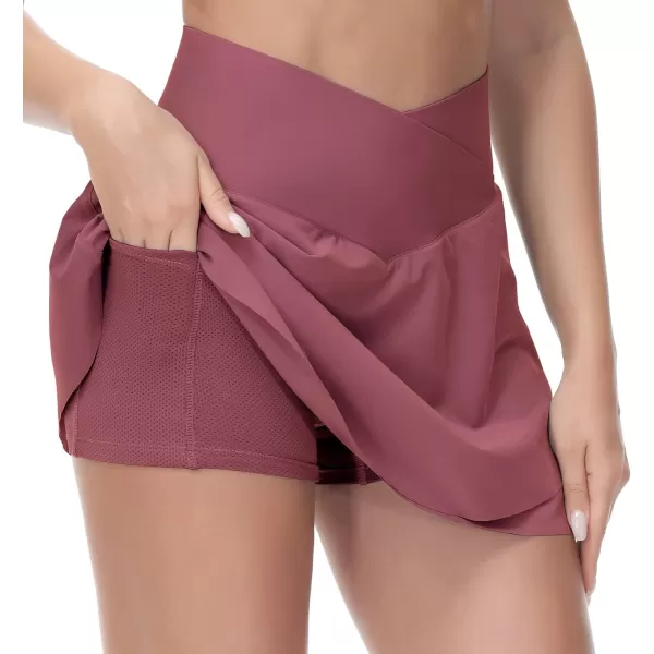 THE GYM PEOPLE Womens Cross Waist Tennis Skirts with Cutting Hem Golf Skorts with Inner Mesh Pockets ShortsRed