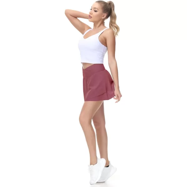 THE GYM PEOPLE Womens Cross Waist Tennis Skirts with Cutting Hem Golf Skorts with Inner Mesh Pockets ShortsRed