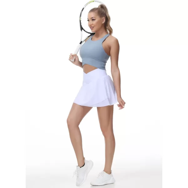 THE GYM PEOPLE Womens Cross Waist Tennis Skirts with Cutting Hem Golf Skorts with Inner Mesh Pockets ShortsWhite
