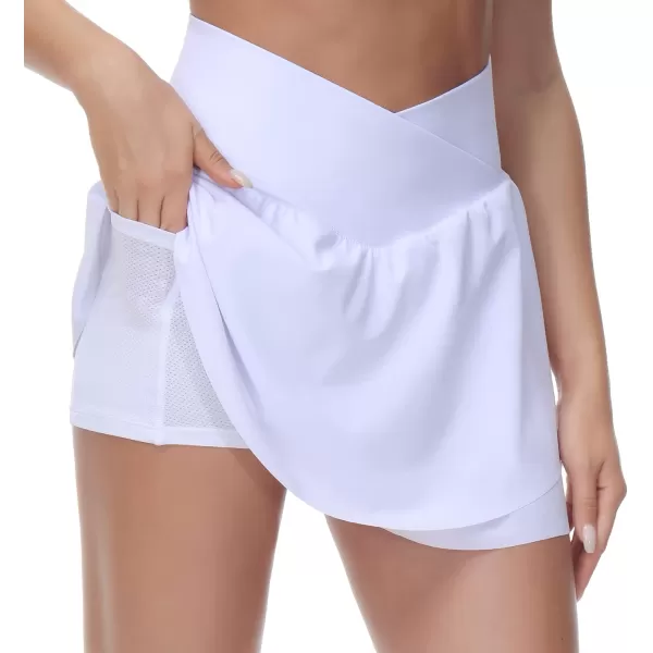 THE GYM PEOPLE Womens Cross Waist Tennis Skirts with Cutting Hem Golf Skorts with Inner Mesh Pockets ShortsWhite