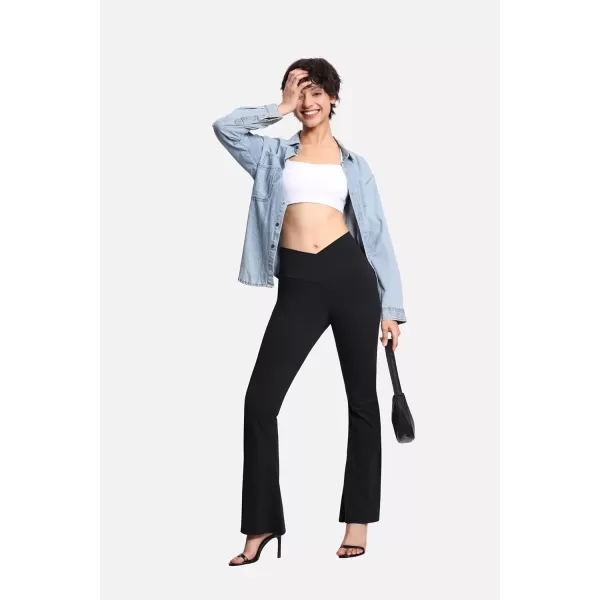 THE GYM PEOPLE Womens Crossover High Waist Flare Workout Leggings Bootcut Bell Bottom Yoga Pants with Tummy ControlBlack